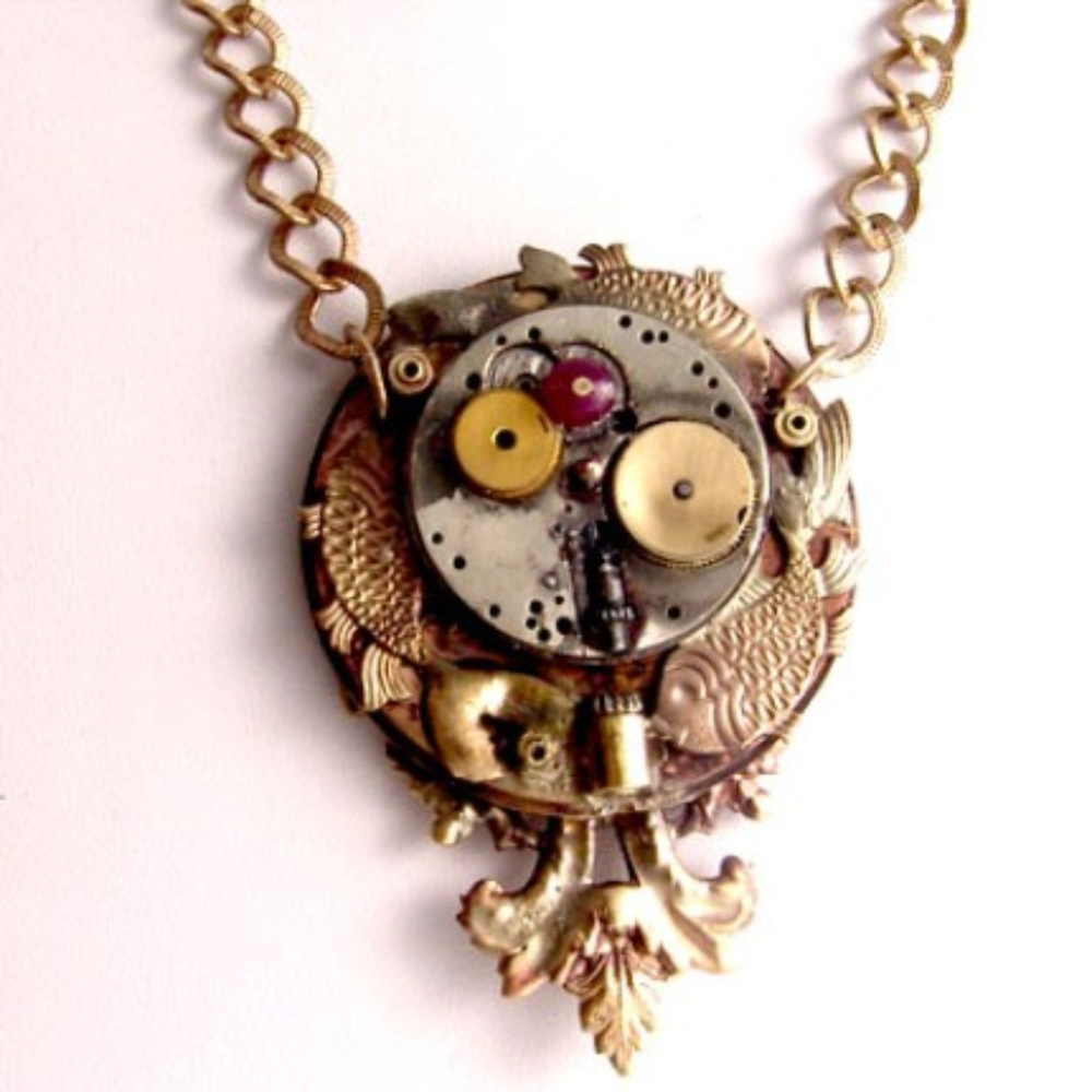 DESIGNER KAY Necklace Steampunk Vtg Watch GP Ruby - Picture 3 of 6